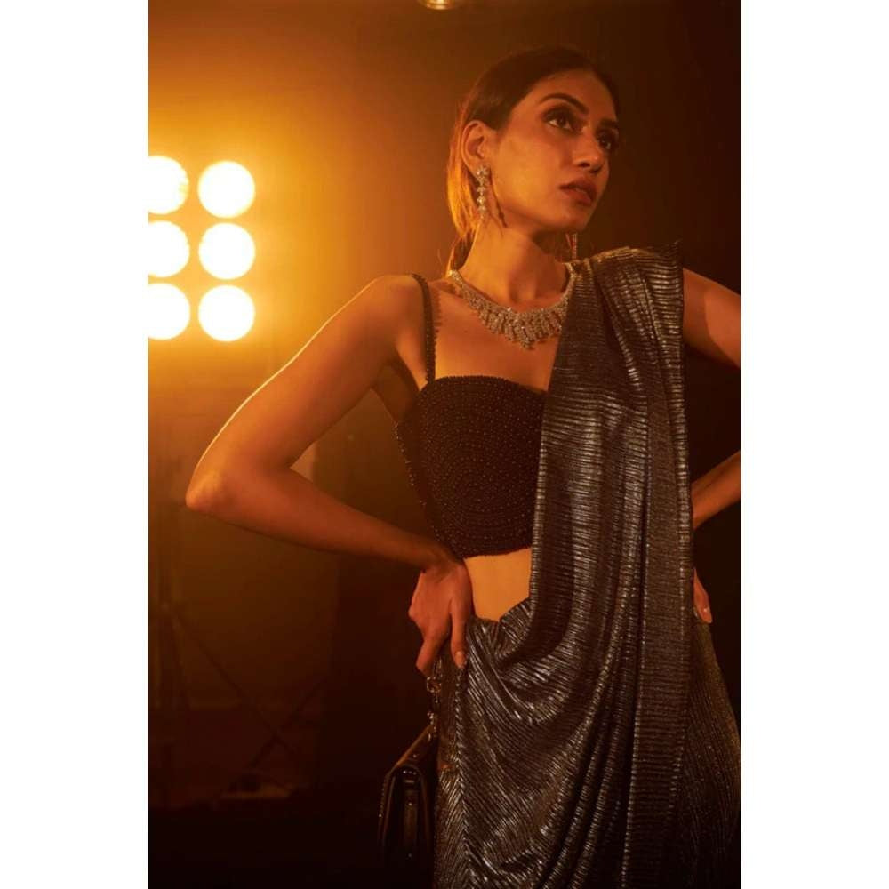 TASUVURE Saia Metallic Slit Saree with Embellished Pearl Stitched Blouse - Black