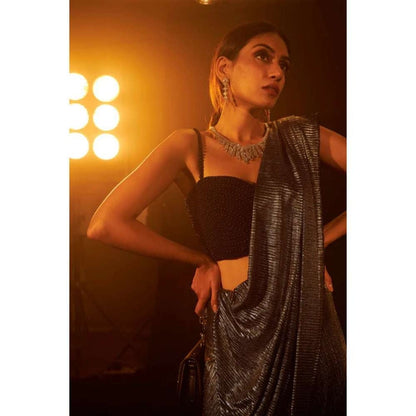 TASUVURE Saia Metallic Slit Saree with Embellished Pearl Stitched Blouse - Black