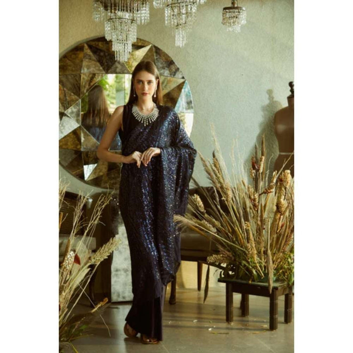 TASUVURE Idyllic Adorned Gown Saree with Sequence Palla - Midnight Navy Blue