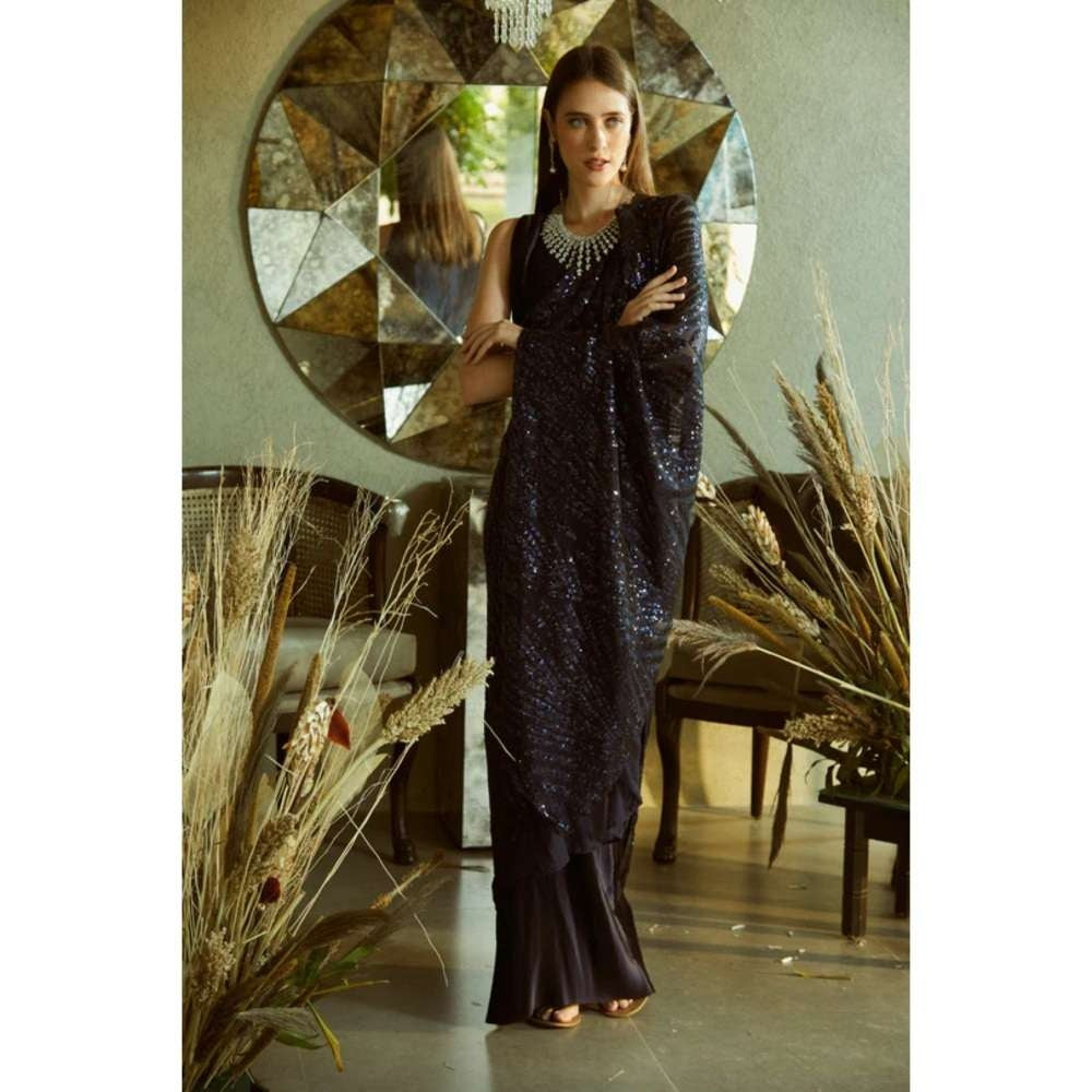 TASUVURE Idyllic Adorned Gown Saree with Sequence Palla - Midnight Navy Blue