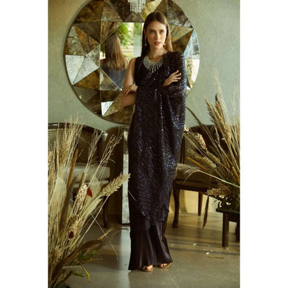TASUVURE Idyllic Adorned Gown Saree with Sequence Palla - Midnight Navy Blue