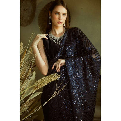 TASUVURE Idyllic Adorned Gown Saree with Sequence Palla - Midnight Navy Blue