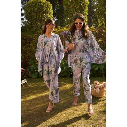 TASUVURE Sicily Satin Block Print Kaftan Co-Ord Green and Purple (Set of 2)