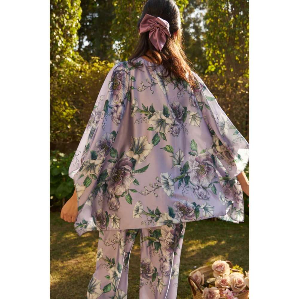 TASUVURE Sicily Satin Block Print Kaftan Co-Ord Green and Purple (Set of 2)