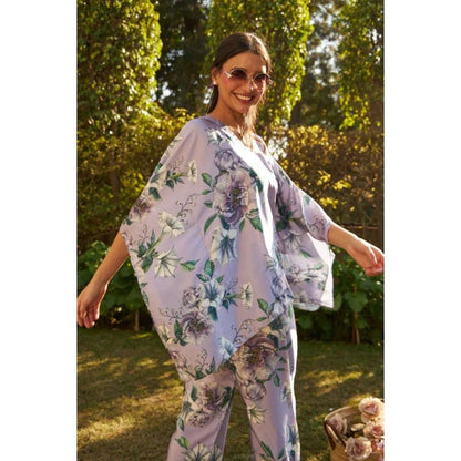 TASUVURE Sicily Satin Block Print Kaftan Co-Ord Green and Purple (Set of 2)