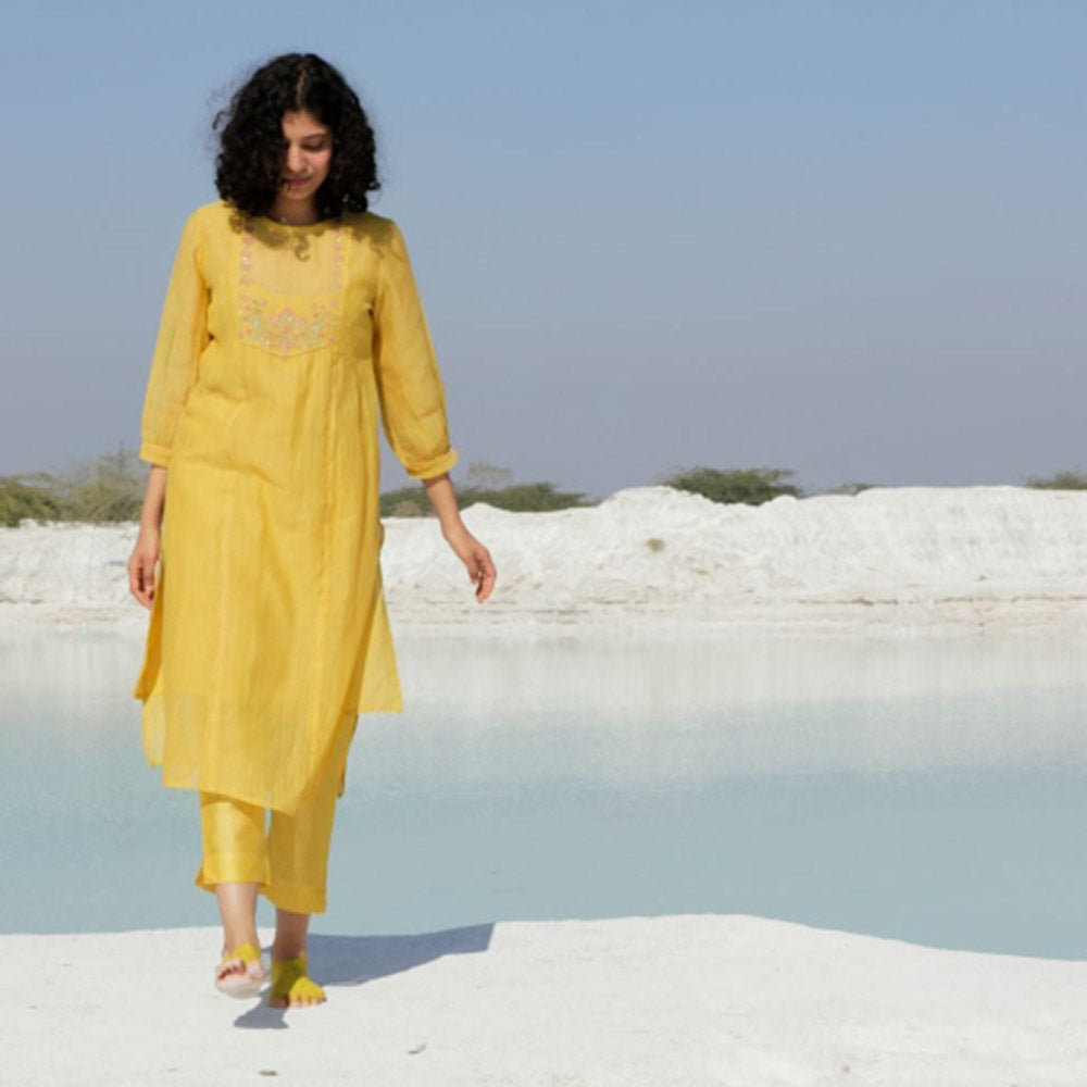 Tatwa Designs Mustard Yellow Lovebirds Kurta (Set of 3)