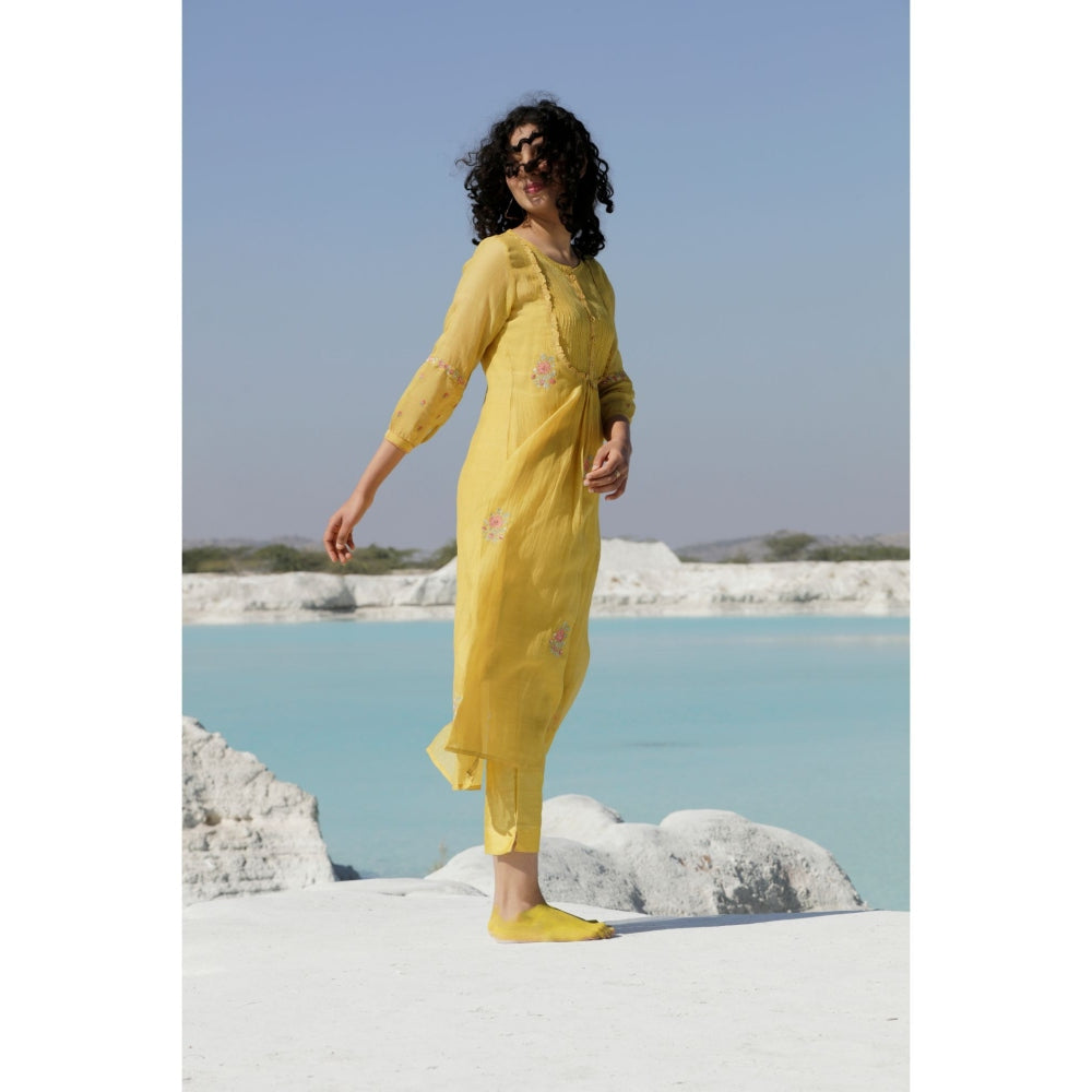 Tatwa Designs Mustard Yellow Yoke Pintuck Kurta (Set of 3)