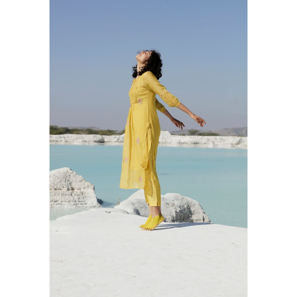 Tatwa Designs Mustard Yellow Yoke Pintuck Kurta (Set of 3)