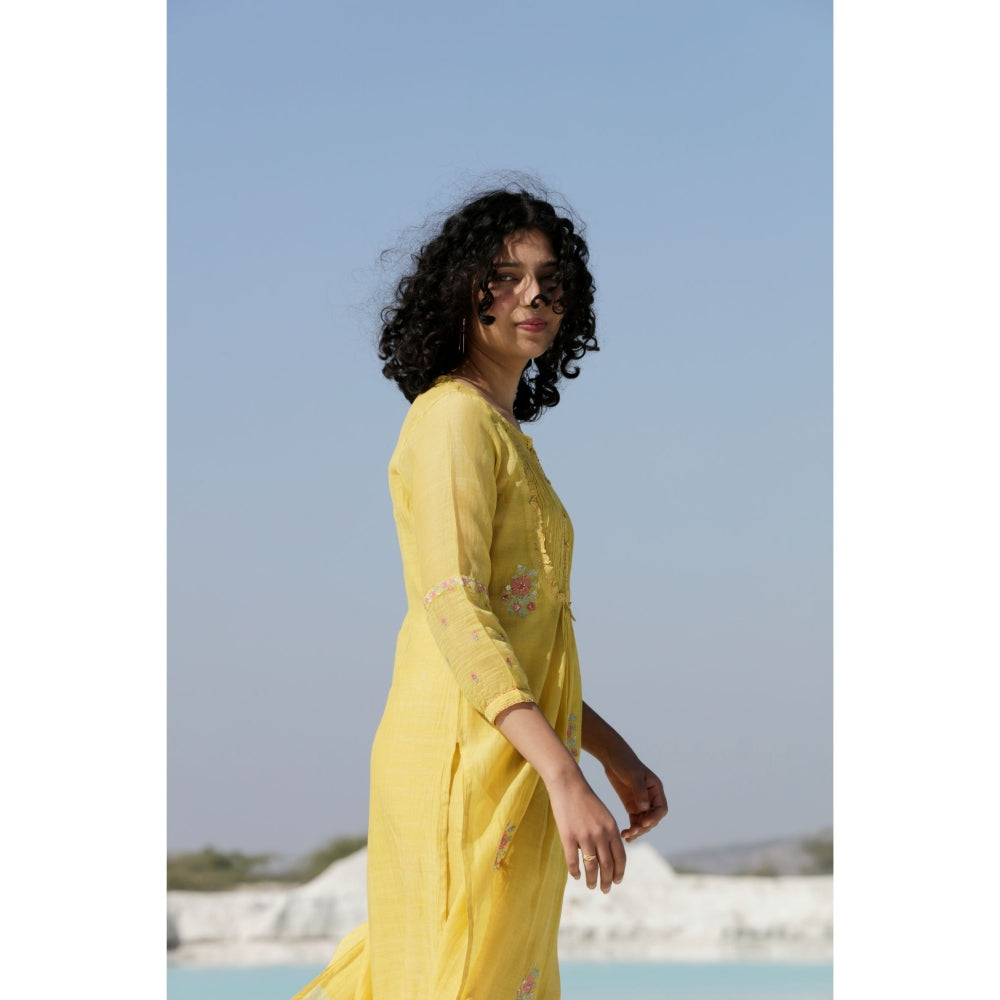 Tatwa Designs Mustard Yellow Yoke Pintuck Kurta (Set of 3)