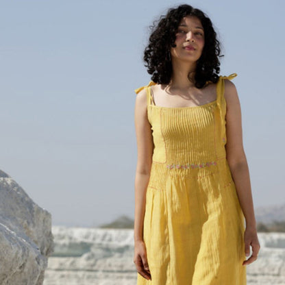 Tatwa Designs Mustard Yellow Shoulder Tie Dress (Set of 2)