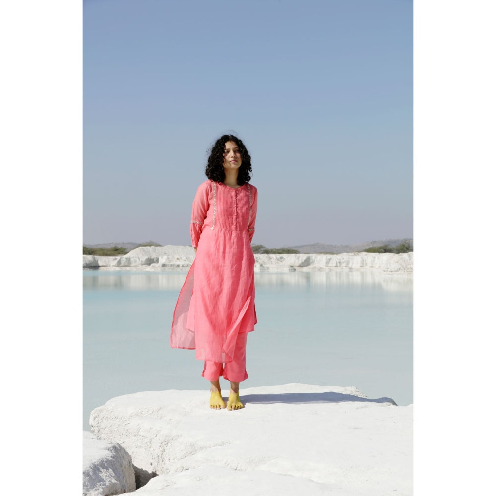 Tatwa Designs Coral Pink Pintuck Yoke Kurta (Set of 3)