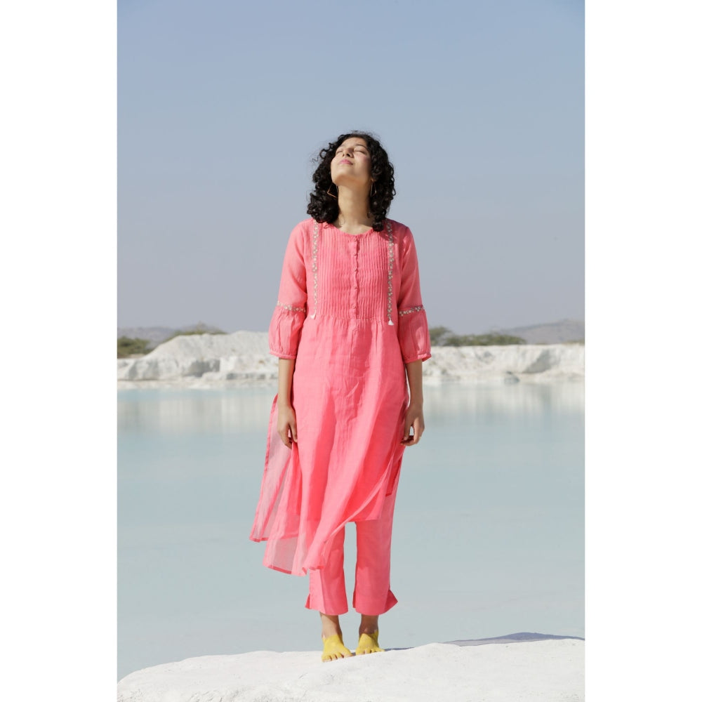 Tatwa Designs Coral Pink Pintuck Yoke Kurta (Set of 3)