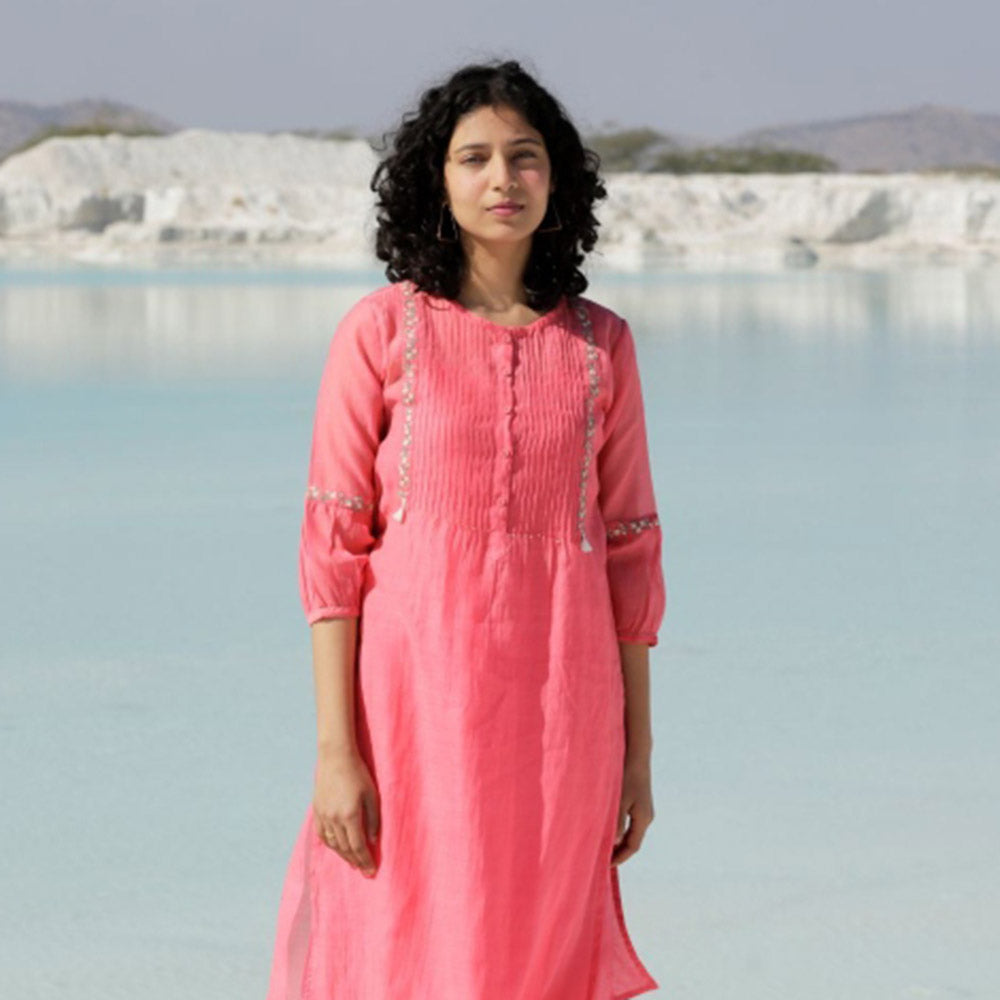 Tatwa Designs Coral Pink Pintuck Yoke Kurta (Set of 3)