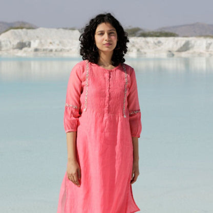 Tatwa Designs Coral Pink Pintuck Yoke Kurta (Set of 3)