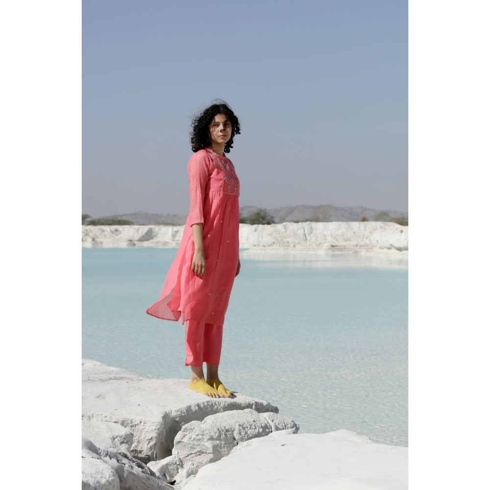 Tatwa Designs Coral Pink Yoke Buta Kurta (Set of 3)