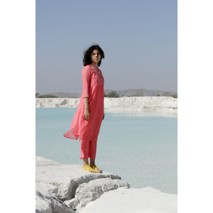 Tatwa Designs Coral Pink Yoke Buta Kurta (Set of 3)