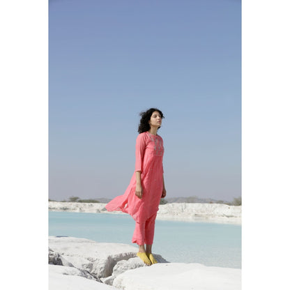 Tatwa Designs Coral Pink Yoke Buta Kurta (Set of 3)