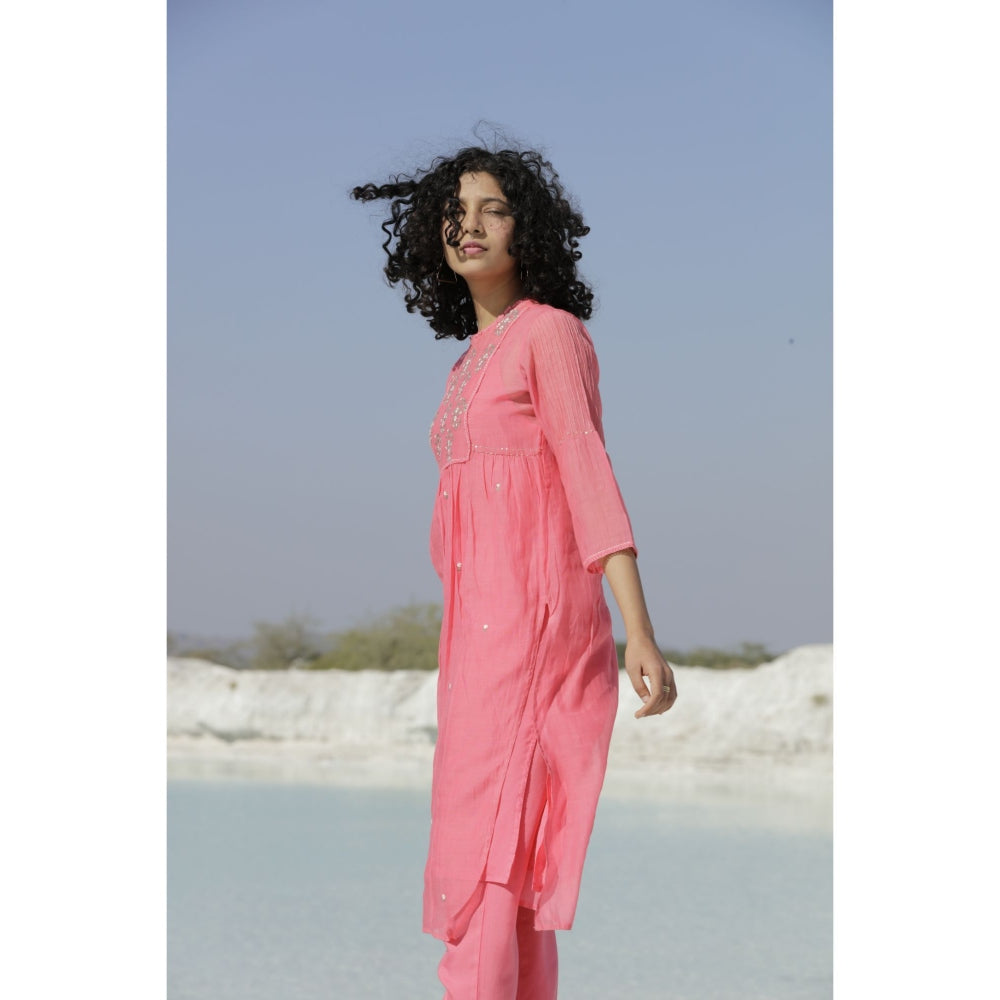 Tatwa Designs Coral Pink Yoke Buta Kurta (Set of 3)