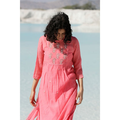Tatwa Designs Coral Pink Yoke Buta Kurta (Set of 3)