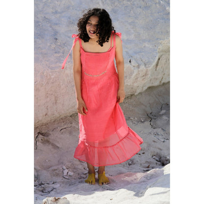 Tatwa Designs Coral Pink Shoulder Tie Dress (Set of 2)