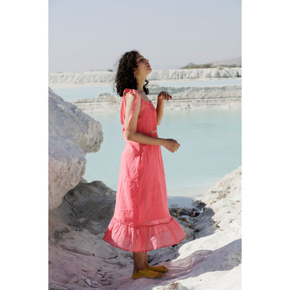 Tatwa Designs Coral Pink Shoulder Tie Dress (Set of 2)