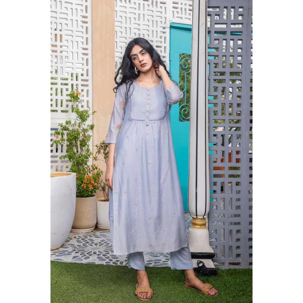 Tatwa Designs Midnight Blue Yoke Pintuck Kurta (Set of 3)
