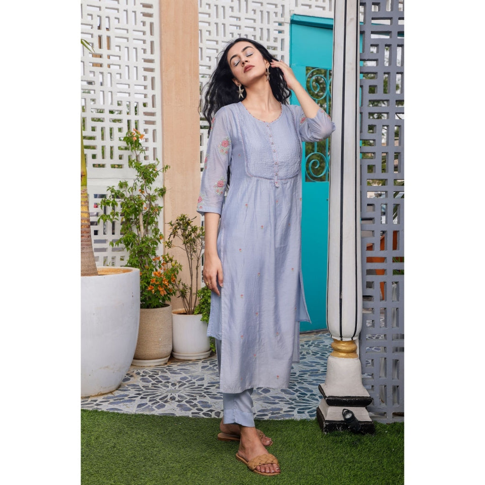 Tatwa Designs Midnight Blue Yoke Pintuck Kurta (Set of 3)