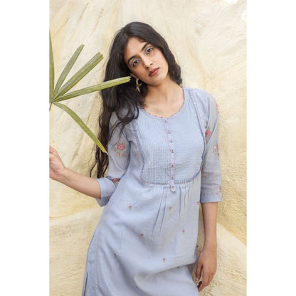 Tatwa Designs Midnight Blue Yoke Pintuck Kurta (Set of 3)