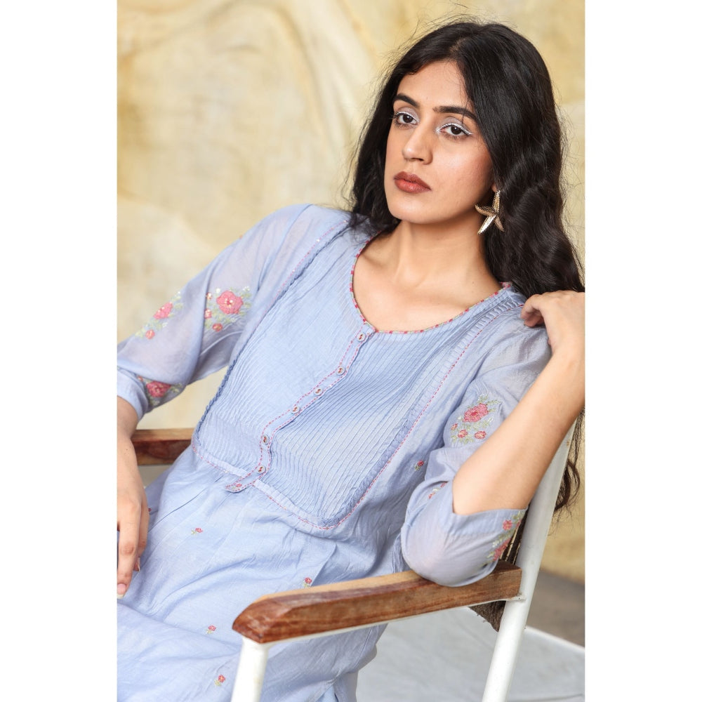 Tatwa Designs Midnight Blue Yoke Pintuck Kurta (Set of 3)