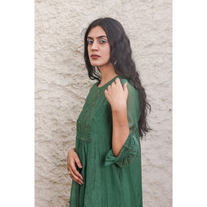 Tatwa Designs Bottle Green Paarijaat Dress (Set of 2)