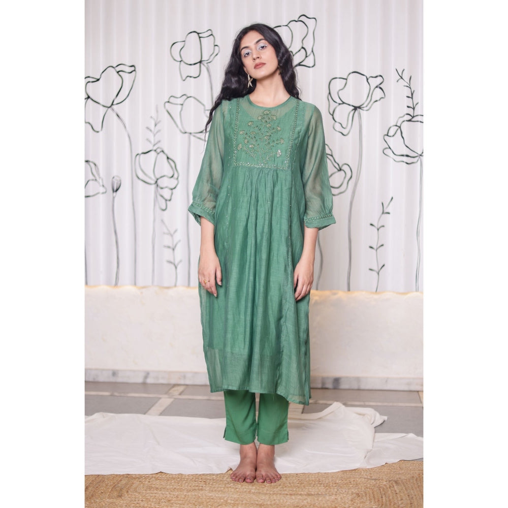 Tatwa Designs Bottle Green Paarijaat Kurta (Set of 3)