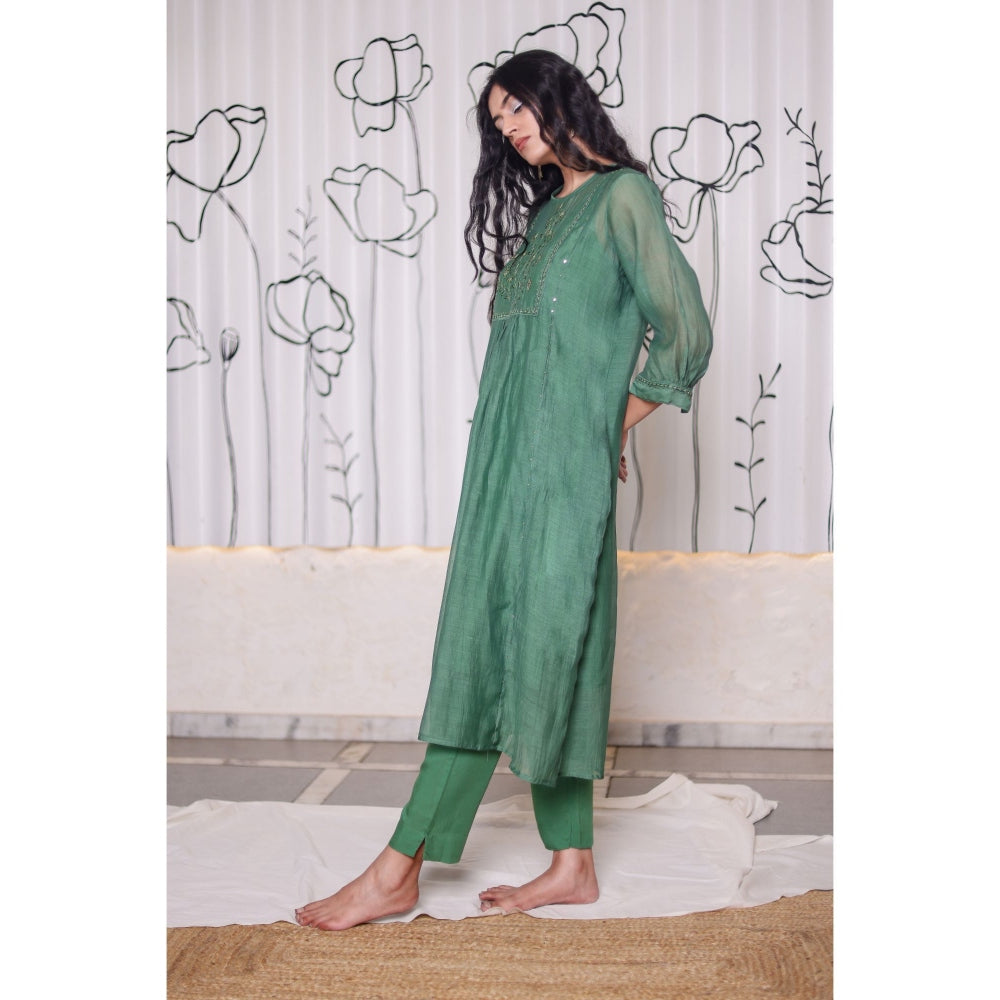 Tatwa Designs Bottle Green Paarijaat Kurta (Set of 3)