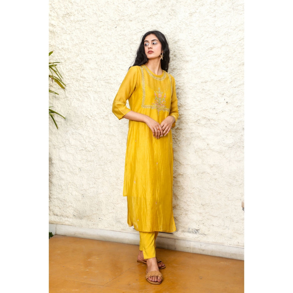 Tatwa Designs Mustard Yoke Bouquet Kurta (Set of 3)