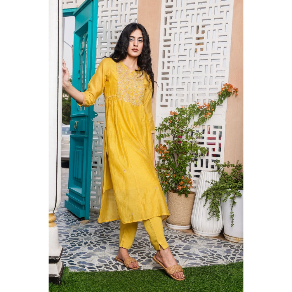 Tatwa Designs Mustard Yoke Jaal Kurta (Set of 3)