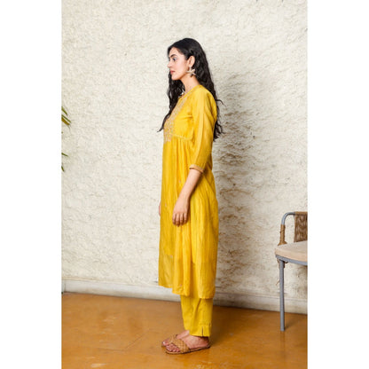 Tatwa Designs Mustard Yoke Jaal Kurta (Set of 3)