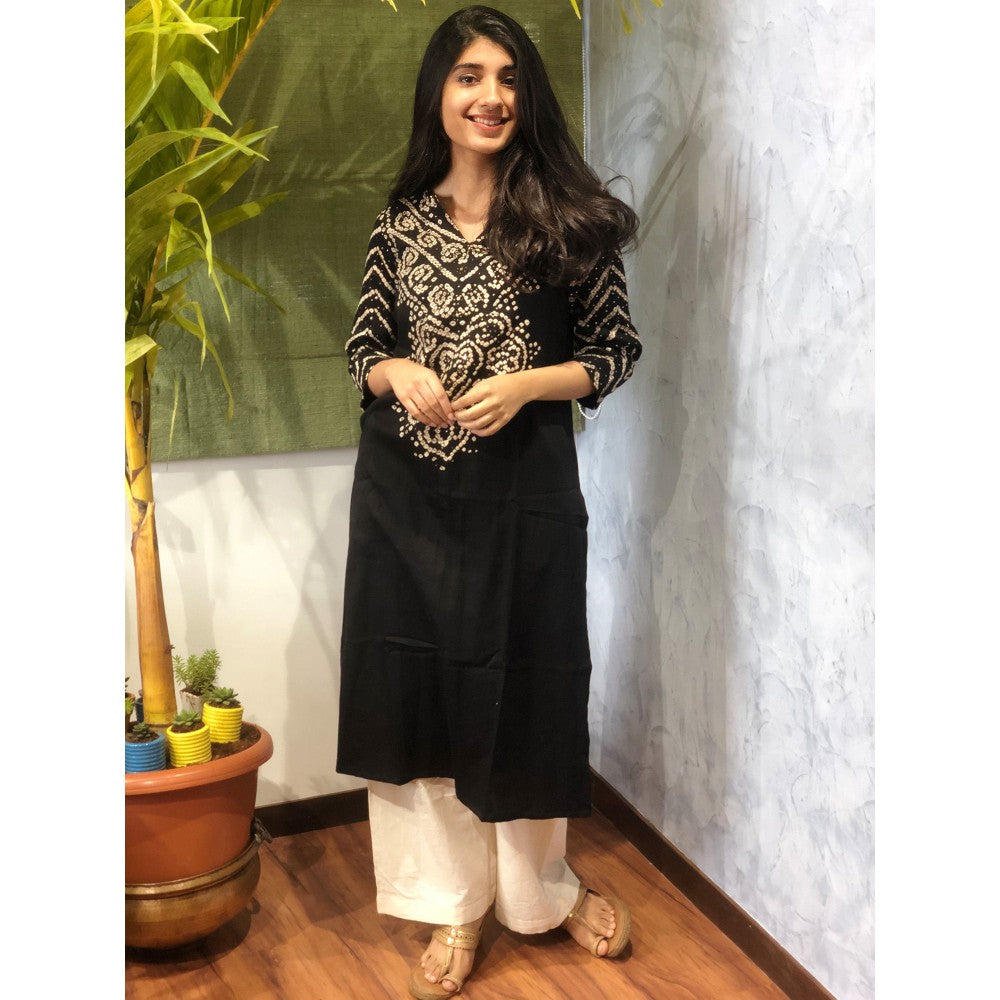 The Indian Ethnic Co. Black Bandhej Cotton Kurta + Dupatta