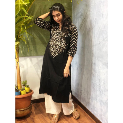 The Indian Ethnic Co. Black Bandhej Cotton Kurta + Dupatta
