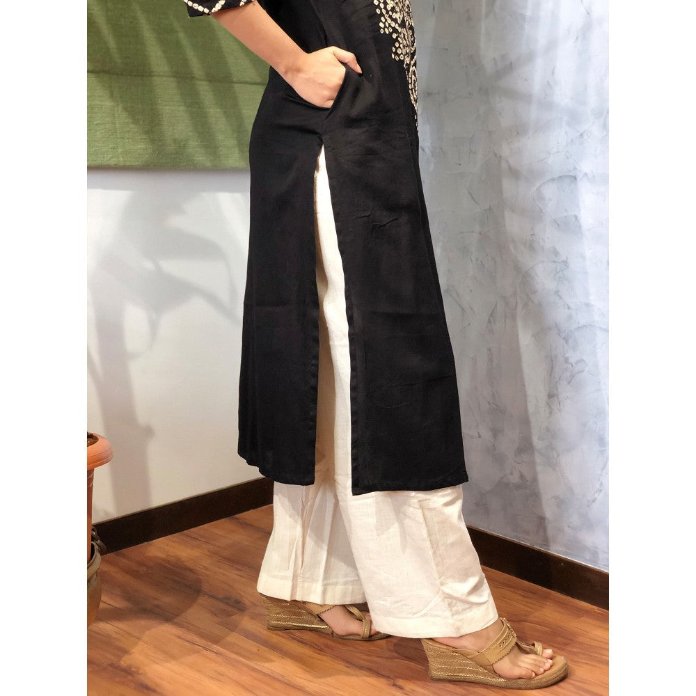 The Indian Ethnic Co. Black Bandhej Cotton Kurta + Dupatta