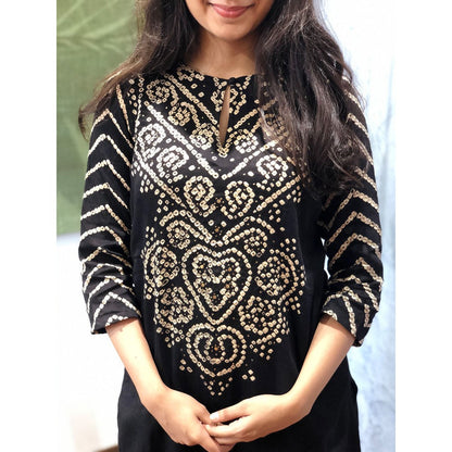 The Indian Ethnic Co. Black Bandhej Cotton Kurta + Dupatta