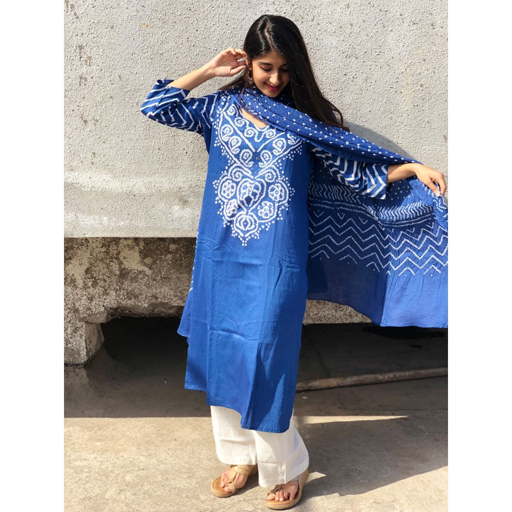 The Indian Ethnic Co. Blue Bandhej Kurta and Dupatta