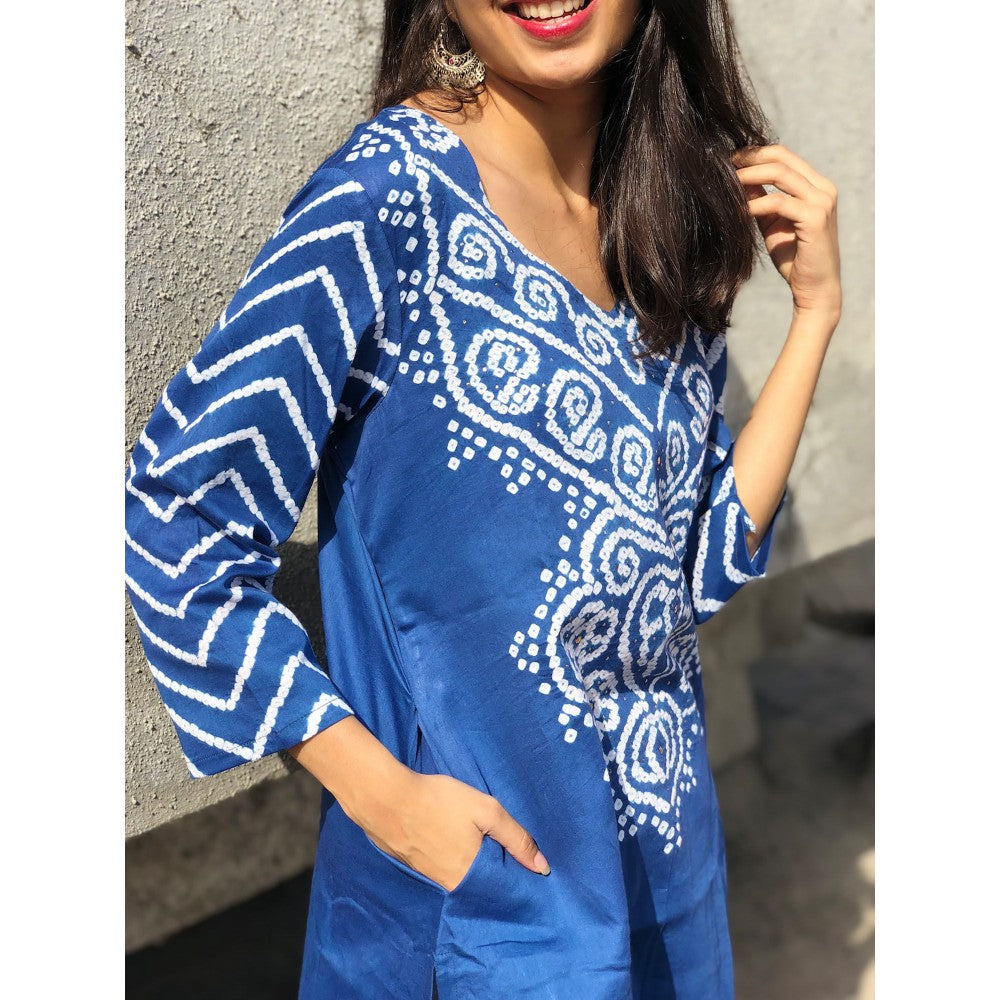 The Indian Ethnic Co. Blue Bandhej Kurta and Dupatta