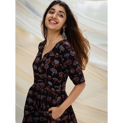 The Indian Ethnic Co. Ajrakh Black Cotton Dress