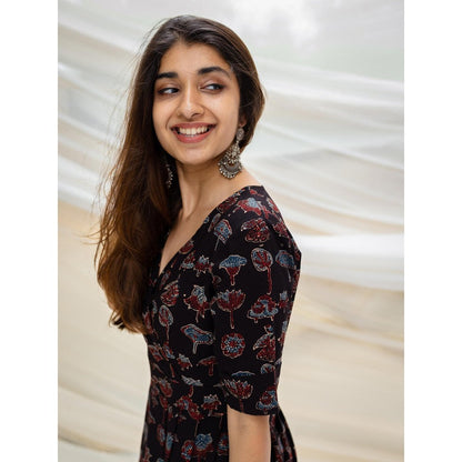 The Indian Ethnic Co. Ajrakh Black Cotton Dress