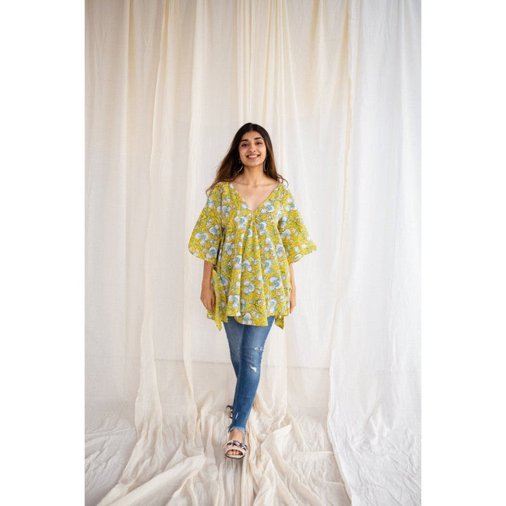 The Indian Ethnic Co. Sanganeri Yellow Cotton Short Top