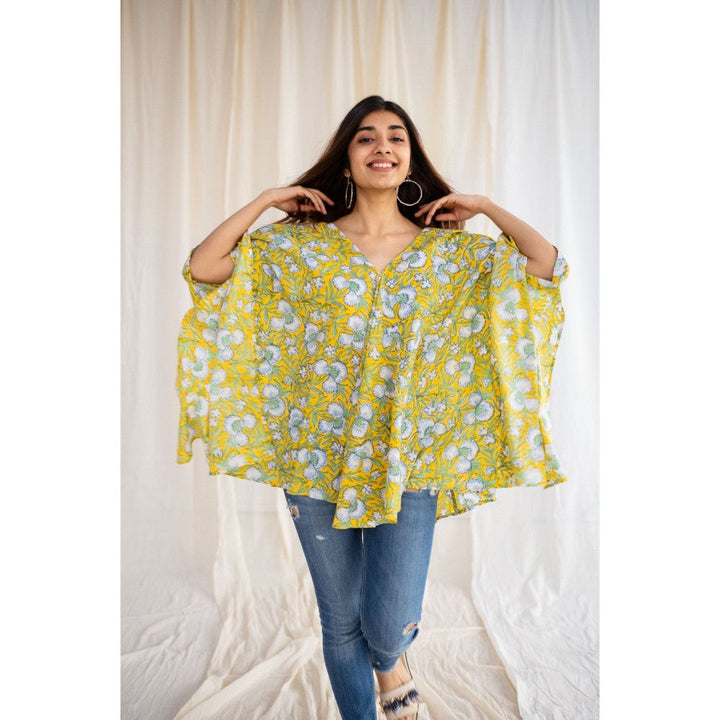 The Indian Ethnic Co. Sanganeri Yellow Cotton Short Top