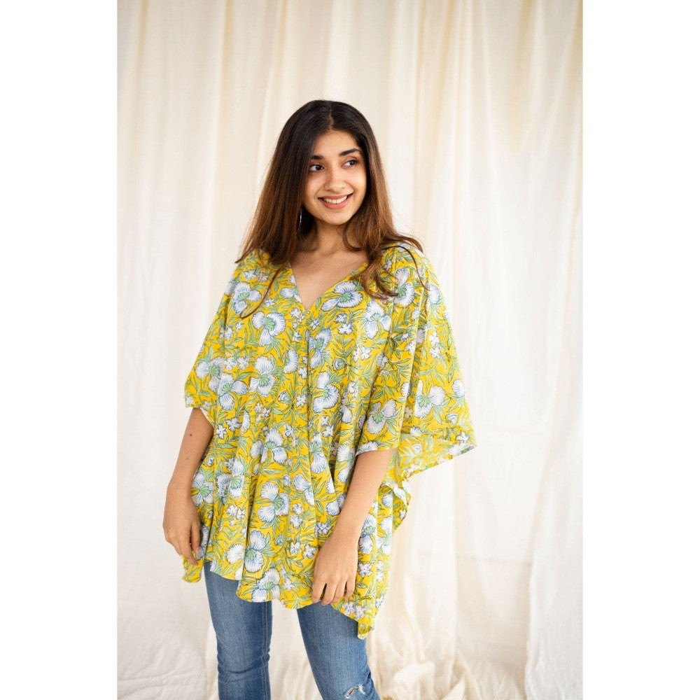 The Indian Ethnic Co. Sanganeri Yellow Cotton Short Top