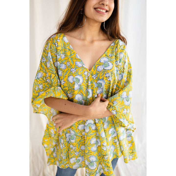 The Indian Ethnic Co. Sanganeri Yellow Cotton Short Top