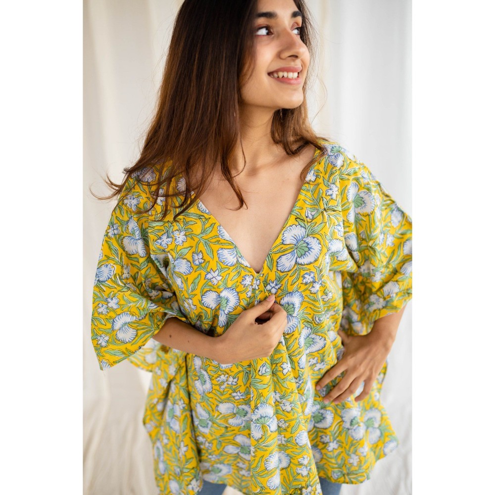 The Indian Ethnic Co. Sanganeri Yellow Cotton Short Top