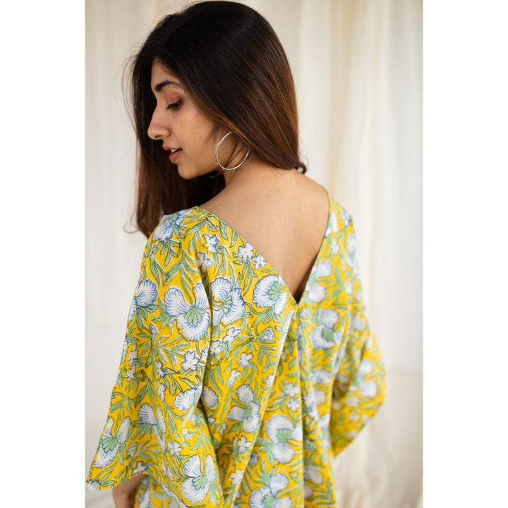 The Indian Ethnic Co. Sanganeri Yellow Cotton Short Top