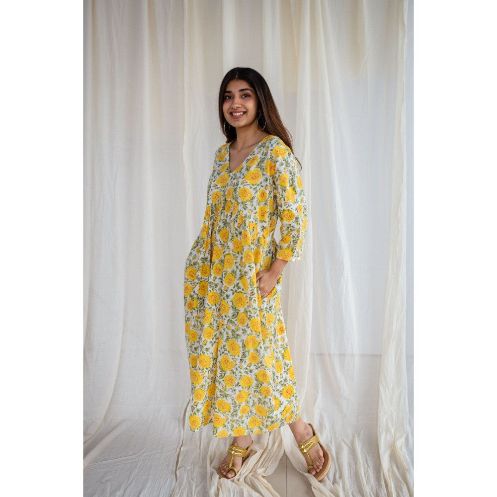 The Indian Ethnic Co. Sanganeri Yellow Cotton Flared Dress